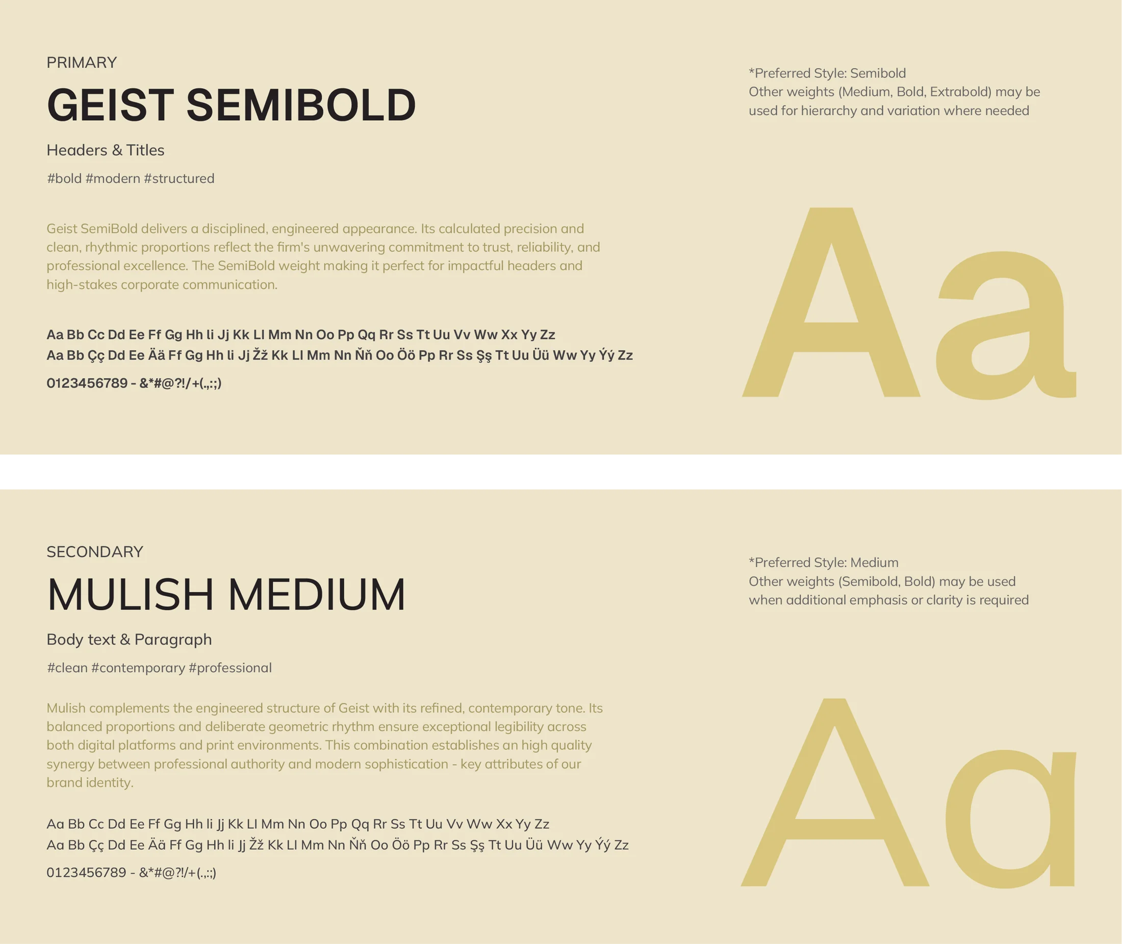 Typography system: Geist Semibold for headings and Mulish Medium for body text