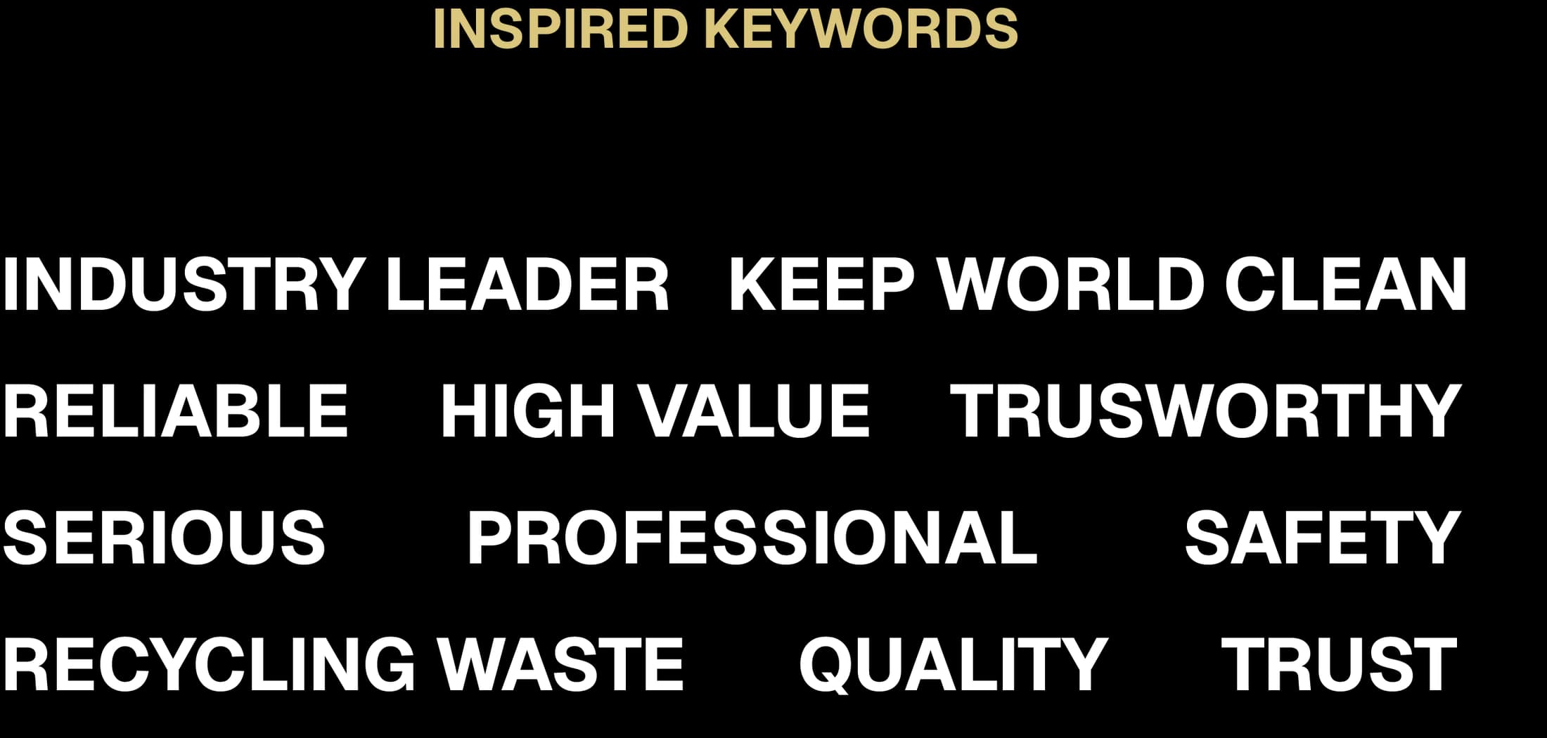 Inspired keywords: industry leader, keep world clean, reliable, high value, trustworthy, serious, professional, safety, recycling waste, quality and trust