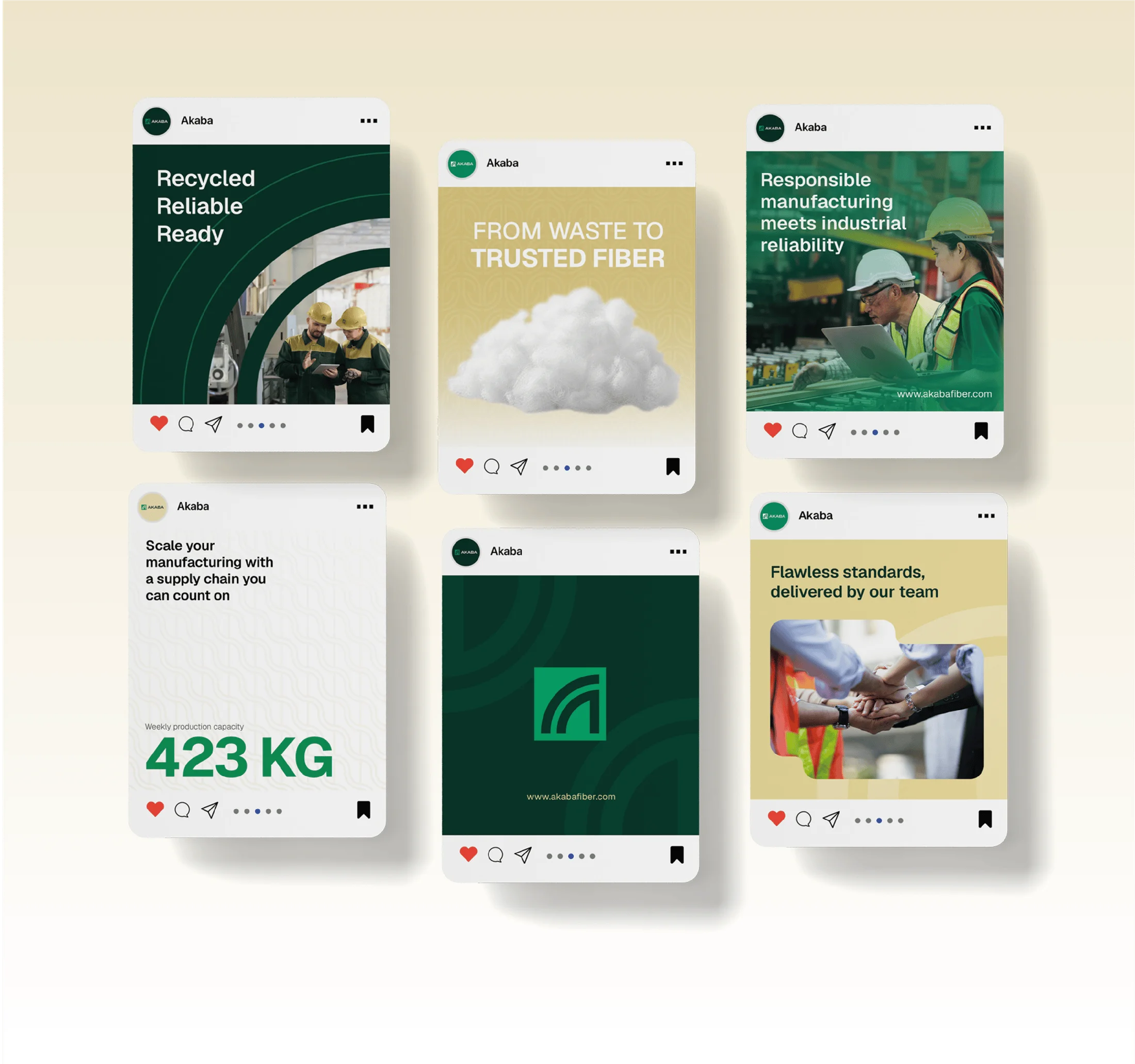 AKABA social media system showing recycled products, people and manufacturing