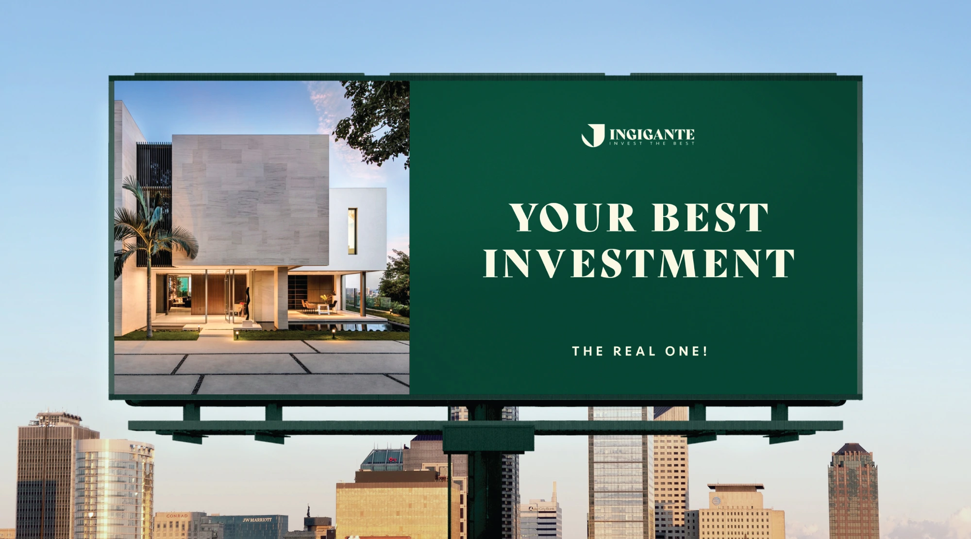 a billboard board advertising a real estate in the city