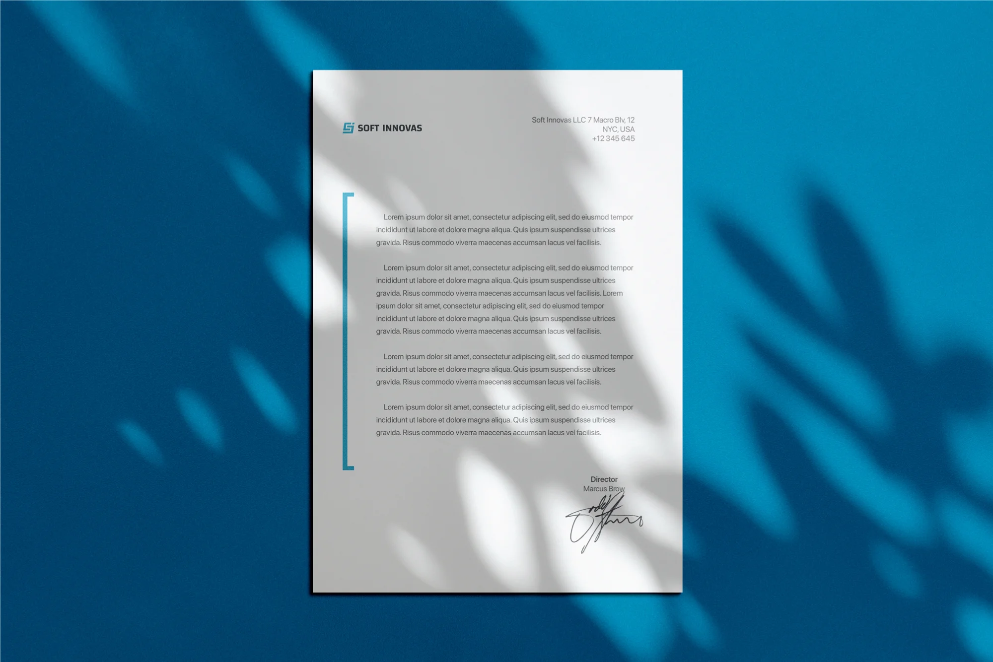 a letterhead with a blue background and a white background